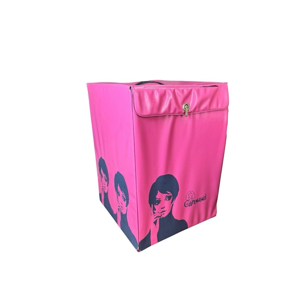 Vintage 1960s Mod Wig Storage Box Pink Woman Design Vinyl Carry Case Wig Stand